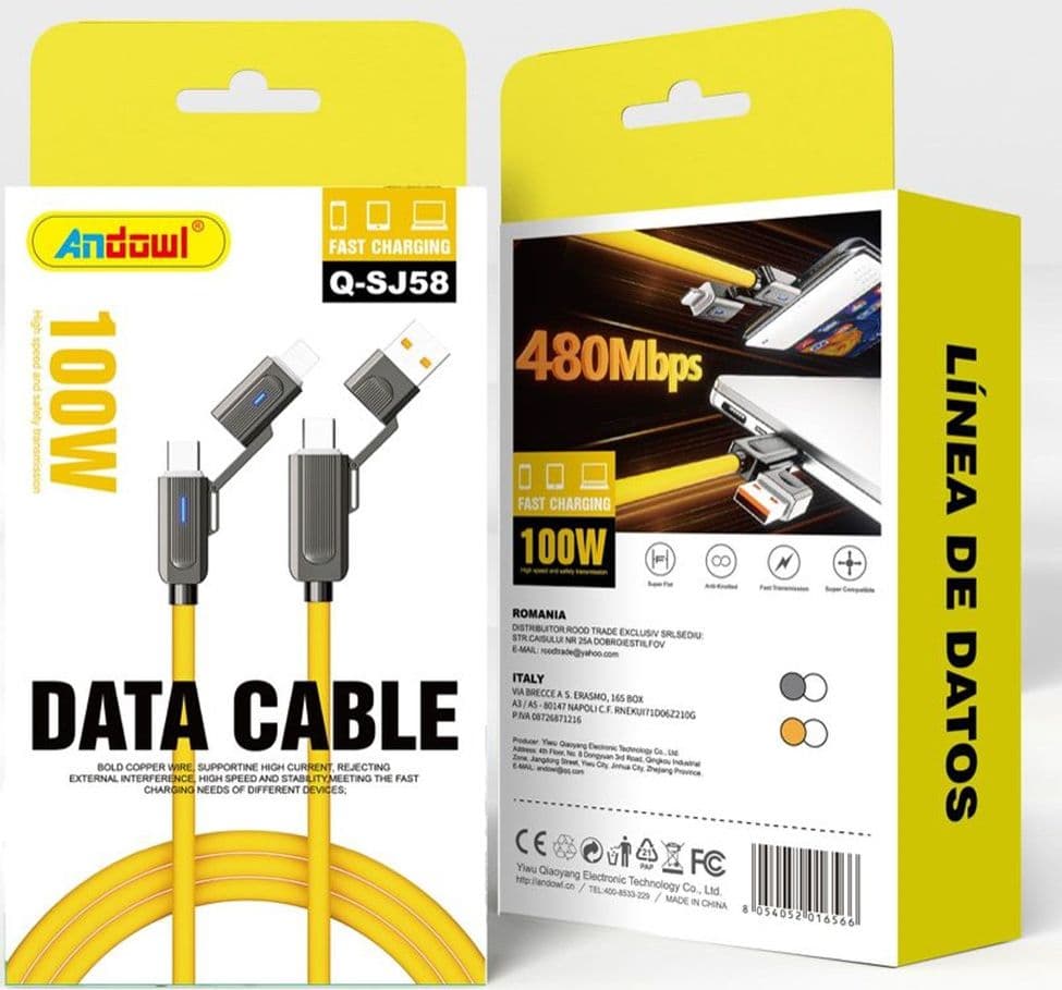 CAVO USB 4 IN 1 TRASFERIMENTO DATI 480MBPS RICARICA RAPIDA DA 100 W 1,5 MT Q-SJ58 - 2