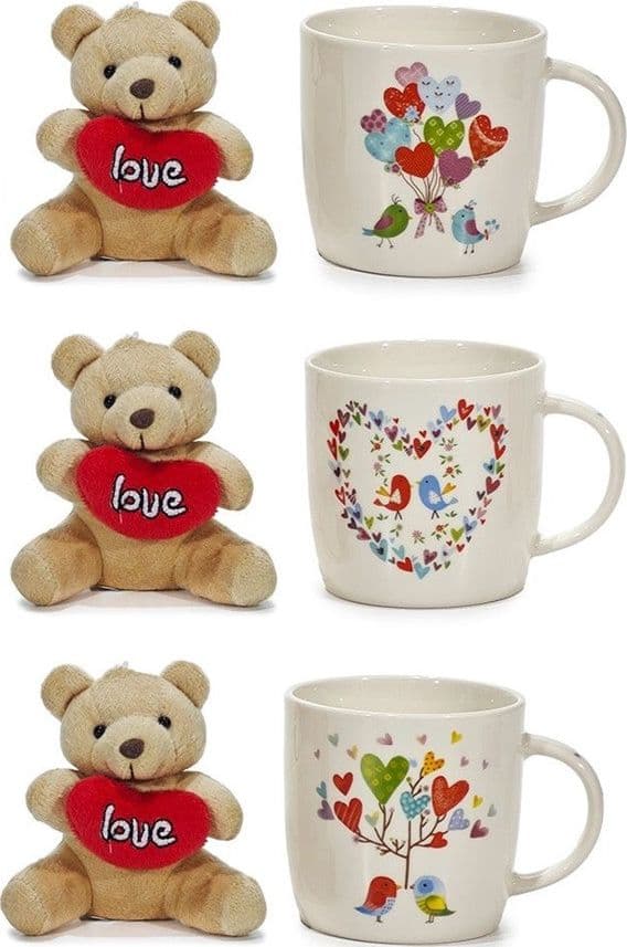 SET TAZZA 30CL IN CERAMICA CON ORSACCHIOTTO DI PELUCHE CUORE ROSSO REGALO SAN VALENTINO - 2