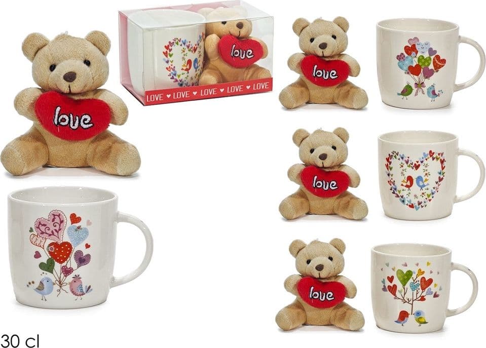SET TAZZA 30CL IN CERAMICA CON ORSACCHIOTTO DI PELUCHE CUORE ROSSO REGALO SAN VALENTINO - 3