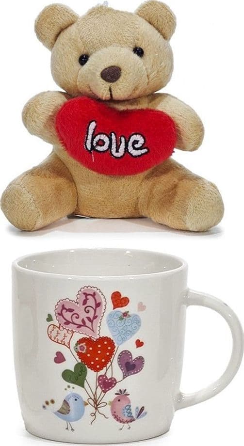 SET TAZZA 30CL IN CERAMICA CON ORSACCHIOTTO DI PELUCHE CUORE ROSSO REGALO SAN VALENTINO - 4