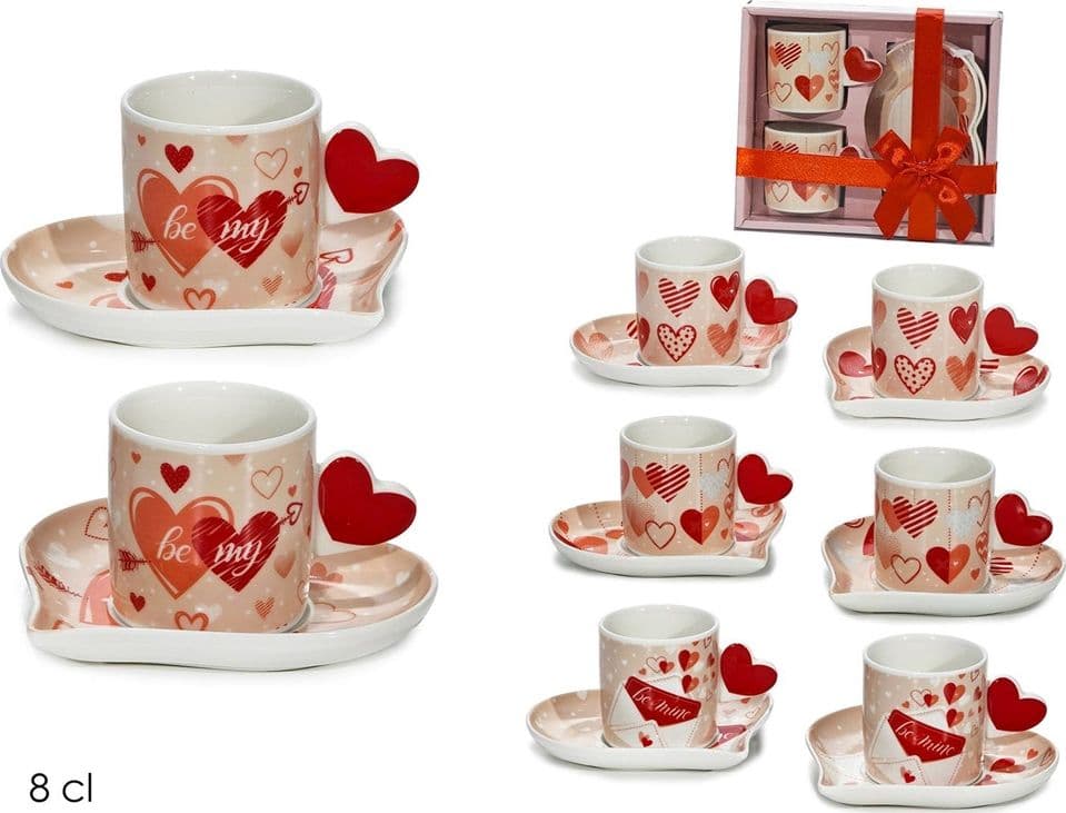 SET 2 TAZZINE 8CL CON PIATTINI A TEMA SAN VALENTINO CON MANICI A CUORE PER CAFFÈ ESPRESSO - 2