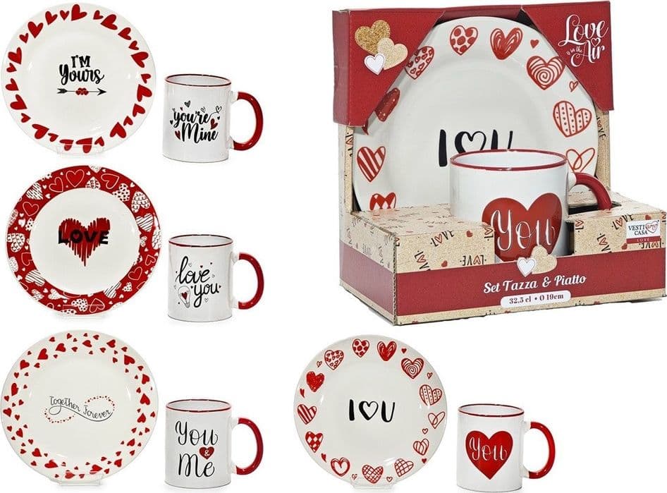 SET 2 PZ TAZZA DA 32,5CL CON PIATTO Ø19CM CON DECORO CUORI SCRITTE A TEMA SAN VALENTINO