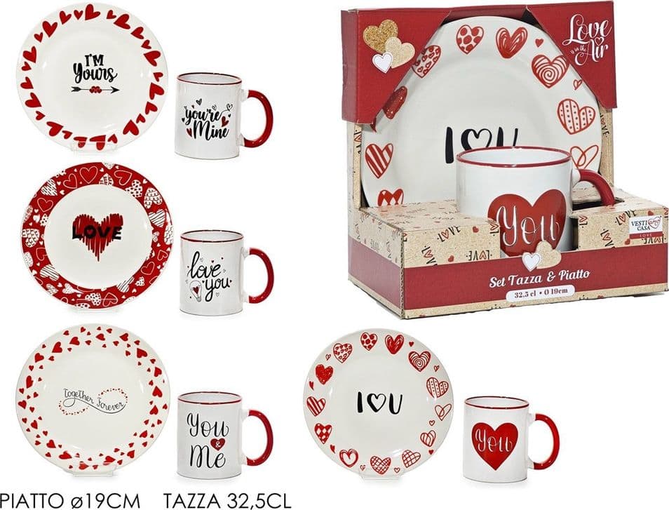 SET 2 PZ TAZZA DA 32,5CL CON PIATTO Ø19CM CON DECORO CUORI SCRITTE A TEMA SAN VALENTINO - 2