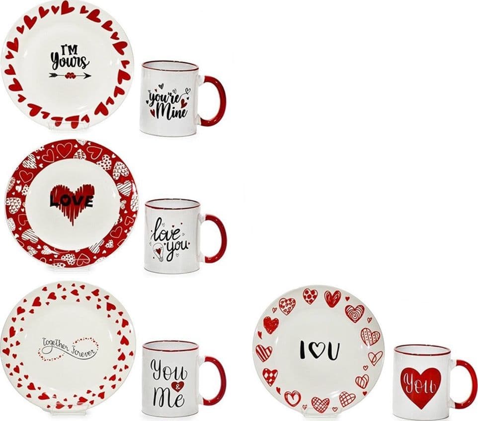 SET 2 PZ TAZZA DA 32,5CL CON PIATTO Ø19CM CON DECORO CUORI SCRITTE A TEMA SAN VALENTINO - 3