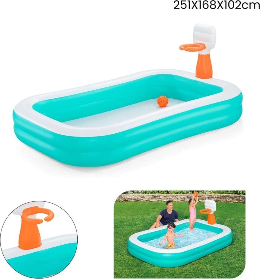PISCINA GONFIABILE FAMILIARE CON CANESTRO DA BASKET PALLONE 251X168X102 CM GIARDINO 54445 - 2