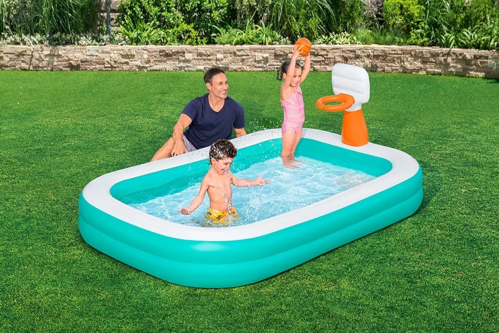 PISCINA GONFIABILE FAMILIARE CON CANESTRO DA BASKET PALLONE 251X168X102 CM GIARDINO 54445 - 3