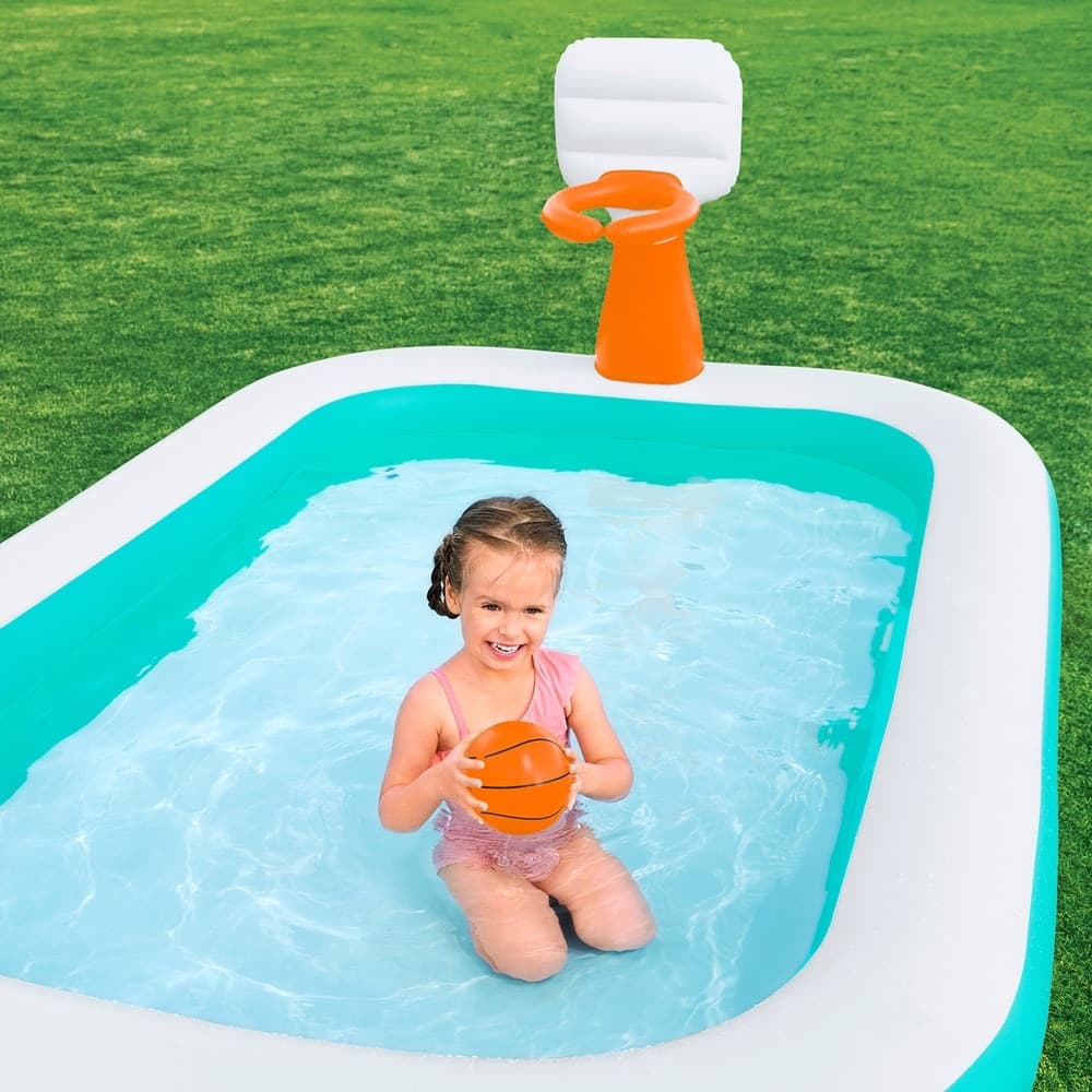 PISCINA GONFIABILE FAMILIARE CON CANESTRO DA BASKET PALLONE 251X168X102 CM GIARDINO 54445 - 5