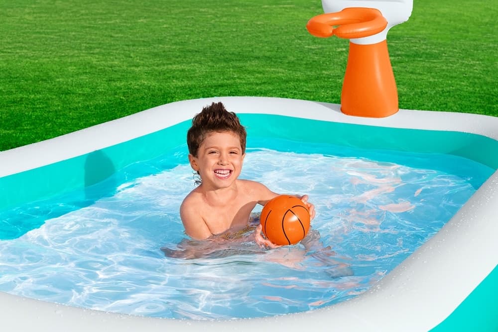PISCINA GONFIABILE FAMILIARE CON CANESTRO DA BASKET PALLONE 251X168X102 CM GIARDINO 54445 - 6