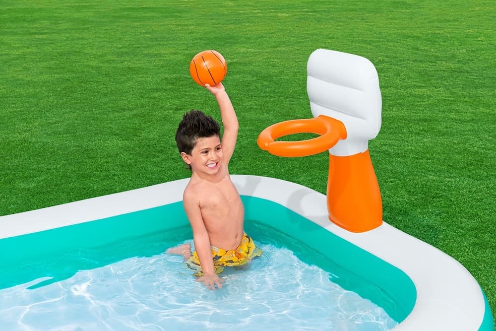 PISCINA GONFIABILE FAMILIARE CON CANESTRO DA BASKET PALLONE 251X168X102 CM GIARDINO 54445 - 7