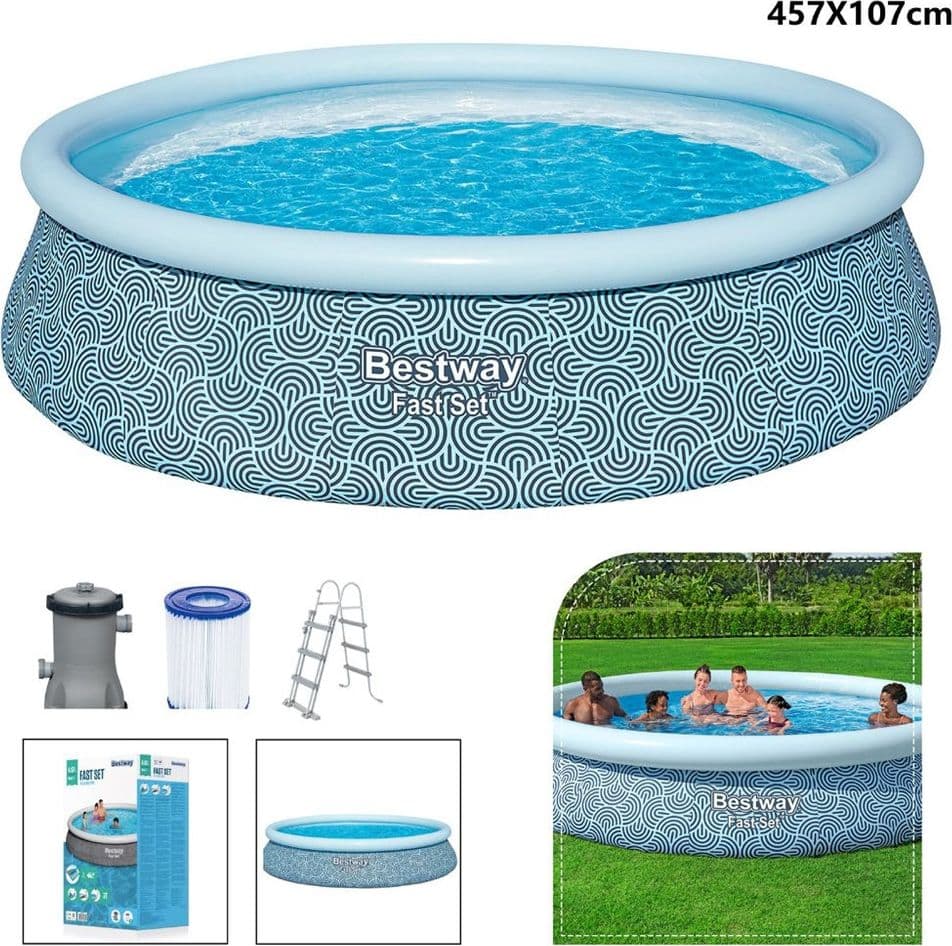 PISCINA FUORI TERRA FAST SET CON POMPA FILTRO Ø457X107CM DESIGN GEOMETRICO ROTONDA 57372 - 2
