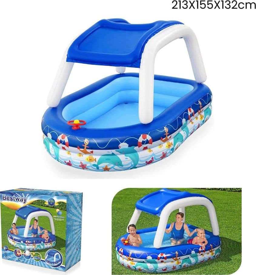 PISCINA FAMILIARE BAMBINI CON TENDALINO PARASOLE VOLANTE 213X155X132CM MOTIVI MARINI 54370 - 2