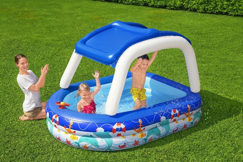 PISCINA FAMILIARE BAMBINI CON TENDALINO PARASOLE VOLANTE 213X155X132CM MOTIVI MARINI 54370 - 3