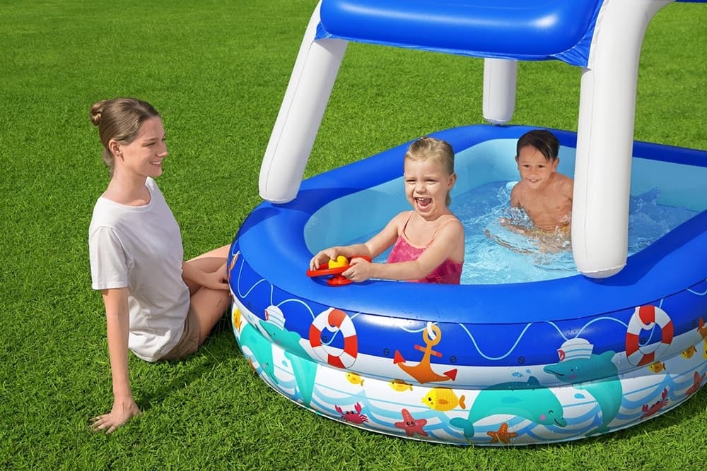 PISCINA FAMILIARE BAMBINI CON TENDALINO PARASOLE VOLANTE 213X155X132CM MOTIVI MARINI 54370 - 5