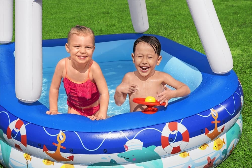 PISCINA FAMILIARE BAMBINI CON TENDALINO PARASOLE VOLANTE 213X155X132CM MOTIVI MARINI 54370 - 7