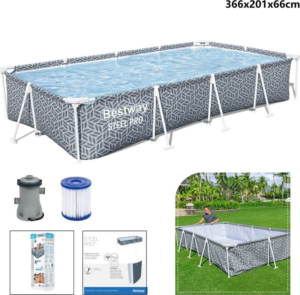 PISCINA STEEL PRO CON POMPA FILTRO 366X201X66 CM DESIGN A FOGLIA RETTANGOLARE 561FV - 2