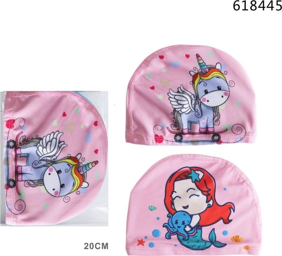 CUFFIA NUOTO PISCINA IN TESSUTO PER BAMBINE 7+ ANNI STAMPE UNICORNO SIRENA 20CM 618445 - 2
