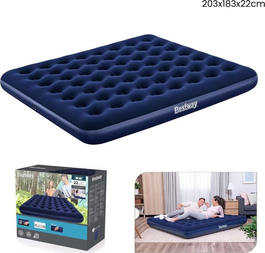 MATERASSO MATRIMONIALE GONFIABILE CAMPEGGIO BLU FLOCCATO 2 PIAZZE E MEZZO 203X183X22CM 67004 - 2