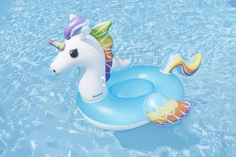 CAVALCABILE GONFIABILE DA PISCINA A FORMA DI UNICORNO GIGANTE 224X164CM MANIGLIE 41113 - 8