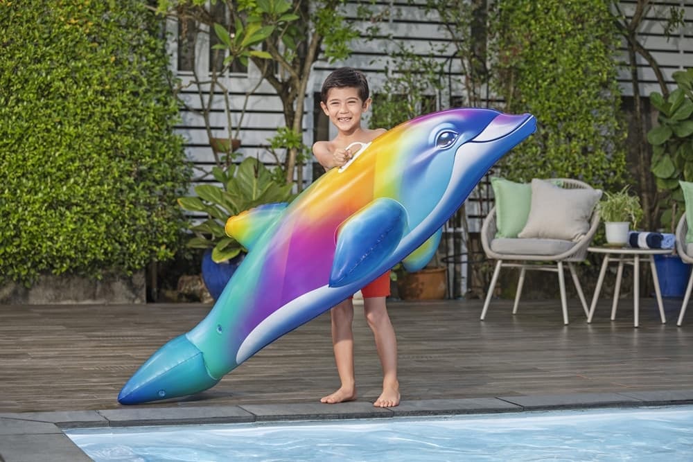 CAVALCABILE GONFIABILE GALLEGGIANTE A FORMA DI DELFINO ARCOBALENO MANIGLIE 168X66CM 41541 - 5