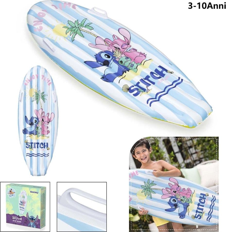 MATERASSINO TAVOLETTA DA SURF GONFIABILE DA NUOTO PER BAMBINI STITCH 112X40X10CM 9104V - 2