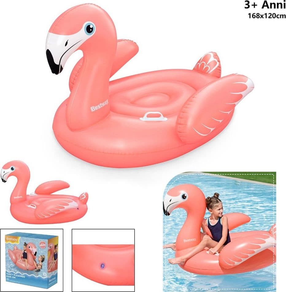 CAVALCABILE GONFIABILE PISCINA MARE A FORMA DI FENICOTTERO ROSA 168X120CM 2 MANIGLIE 41526 - 2