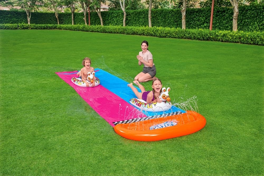SCIVOLO ACQUATICO PER 2 PERSONE CON TAVOLE SURF LAMA GONFIABILI 488CM BAMBINI GIARDINO 52320 - 11