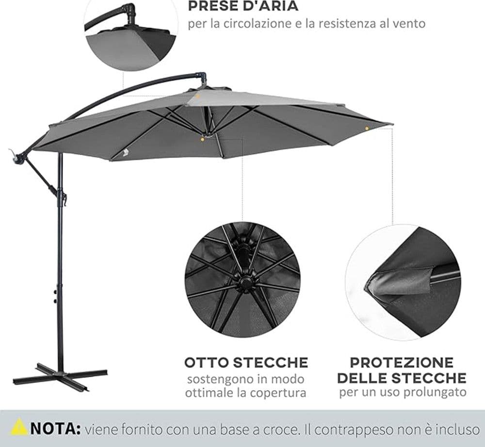 OMBRELLONE DECENTRATO INCLINABILE 3MT CON BASE A CROCE MANOVELLA DA ESTERNO GIARDINO - 12