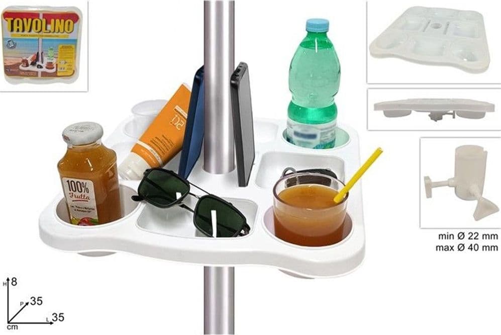 TAVOLINO VASSOIO PER OMBRELLONE CON PORTABICCHIERI SCOMPARTI PORTA SNACK SMARTPHONE 670552A - 2