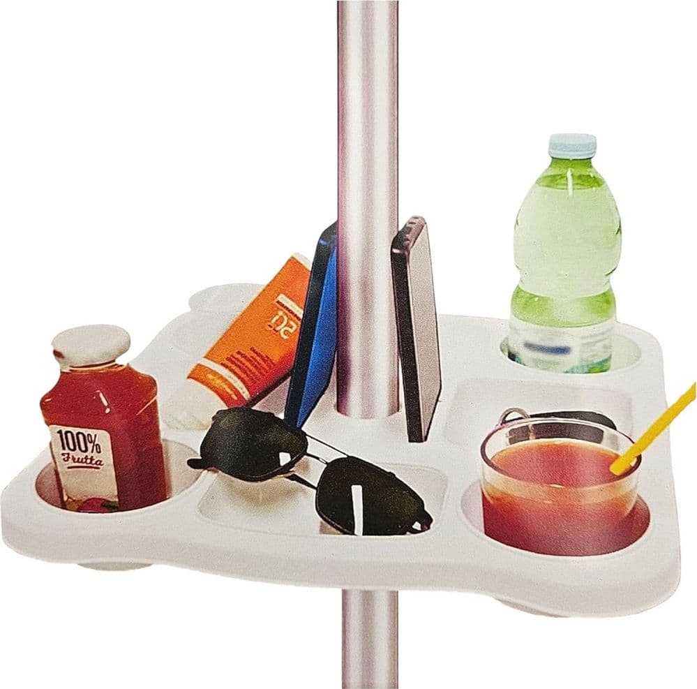 TAVOLINO VASSOIO PER OMBRELLONE CON PORTABICCHIERI SCOMPARTI PORTA SNACK SMARTPHONE 670552A - 6