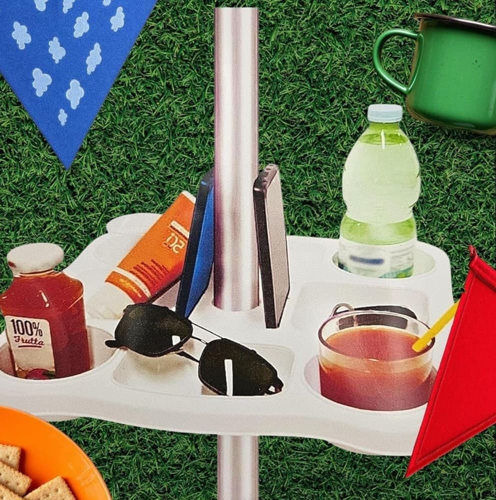 TAVOLINO VASSOIO PER OMBRELLONE CON PORTABICCHIERI SCOMPARTI PORTA SNACK SMARTPHONE 670552A - 7