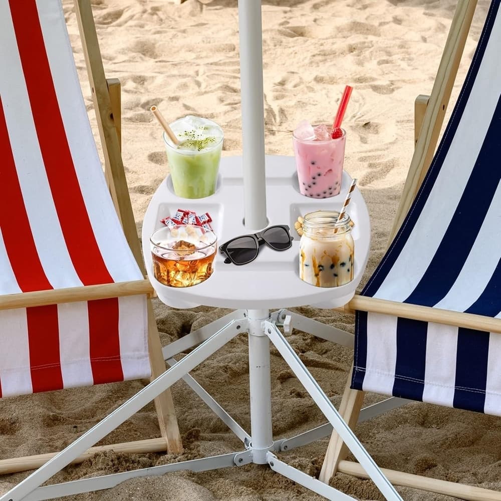 TAVOLINO VASSOIO PER OMBRELLONE CON PORTABICCHIERI SCOMPARTI PORTA SNACK SMARTPHONE 670552A - 8