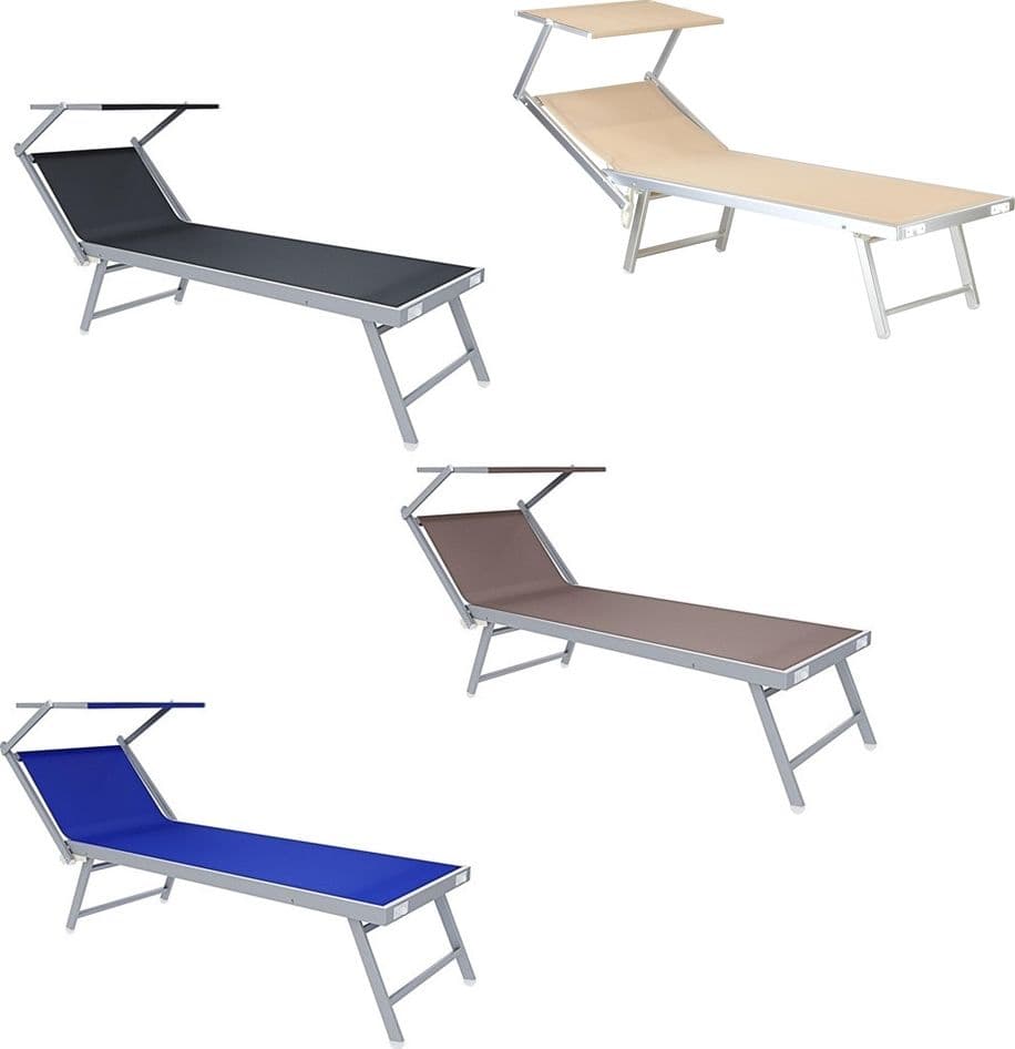 LETTINO PIEGHEVOLE PRENDISOLE IN ALLUMINIO TEXTILENE CON PARASOLE ORIENTABILE 186X61X38CM