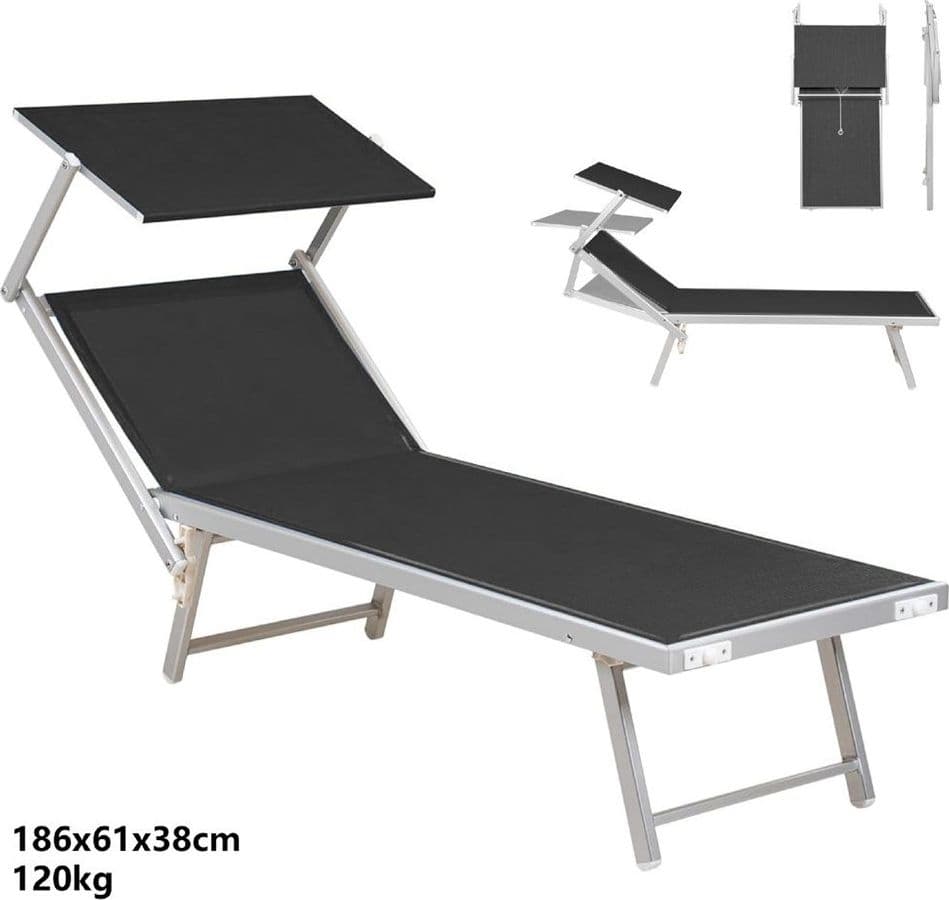 LETTINO PIEGHEVOLE PRENDISOLE IN ALLUMINIO TEXTILENE CON PARASOLE ORIENTABILE 186X61X38CM - 24