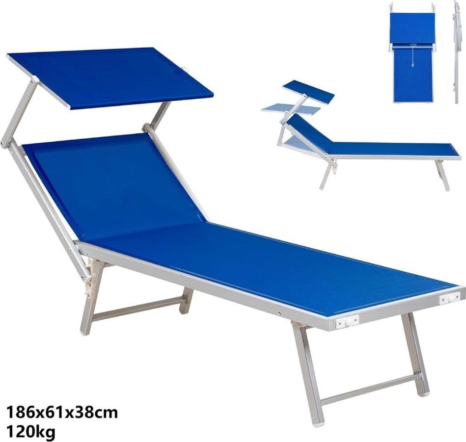 LETTINO PIEGHEVOLE PRENDISOLE IN ALLUMINIO TEXTILENE CON PARASOLE ORIENTABILE 186X61X38CM - 23