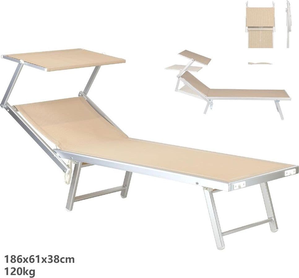 LETTINO PIEGHEVOLE PRENDISOLE IN ALLUMINIO TEXTILENE CON PARASOLE ORIENTABILE 186X61X38CM - 18