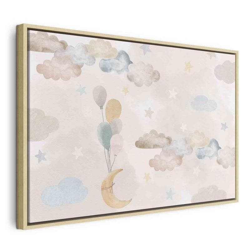 Quadro - Fairy-Tale Moon - Pastel Moon with Balloons Among Colorful Clouds and Stars in Subdued Colors on a Light Backgr - 22