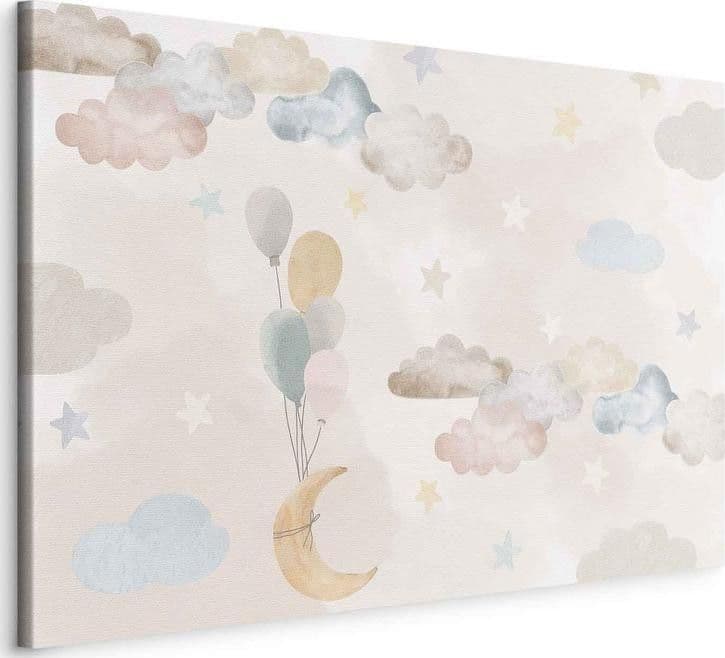 Quadro - Fairy-Tale Moon - Pastel Moon with Balloons Among Colorful Clouds and Stars in Subdued Colors on a Light Backgr - 2