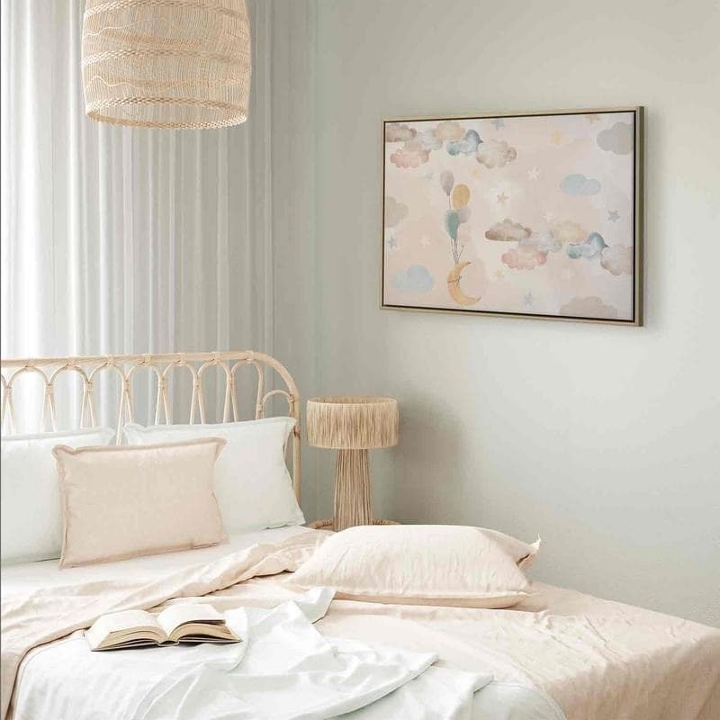 Quadro - Fairy-Tale Moon - Pastel Moon with Balloons Among Colorful Clouds and Stars in Subdued Colors on a Light Backgr - 11