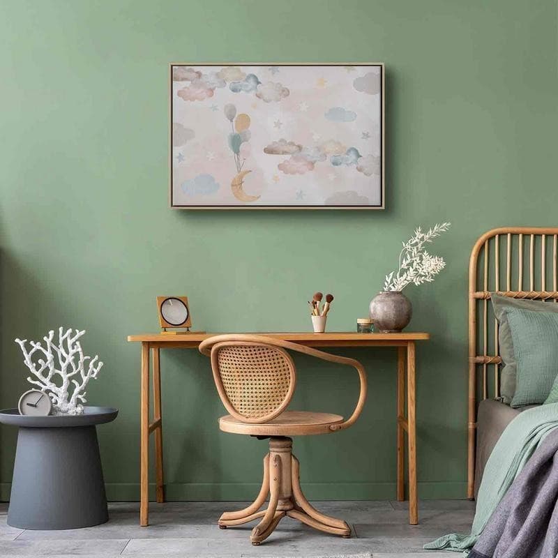 Quadro - Fairy-Tale Moon - Pastel Moon with Balloons Among Colorful Clouds and Stars in Subdued Colors on a Light Backgr - 13