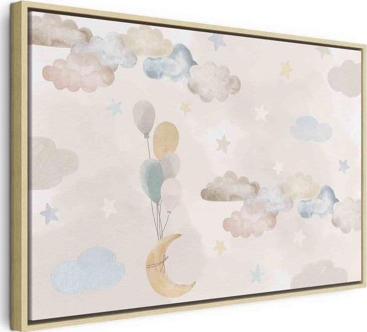 Quadro - Fairy-Tale Moon - Pastel Moon with Balloons Among Colorful Clouds and Stars in Subdued Colors on a Light Backgr - 3