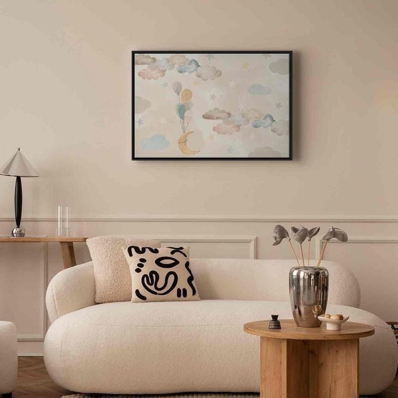 Quadro - Fairy-Tale Moon - Pastel Moon with Balloons Among Colorful Clouds and Stars in Subdued Colors on a Light Backgr - 4