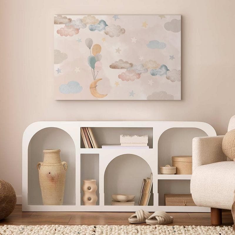 Quadro - Fairy-Tale Moon - Pastel Moon with Balloons Among Colorful Clouds and Stars in Subdued Colors on a Light Backgr - 5