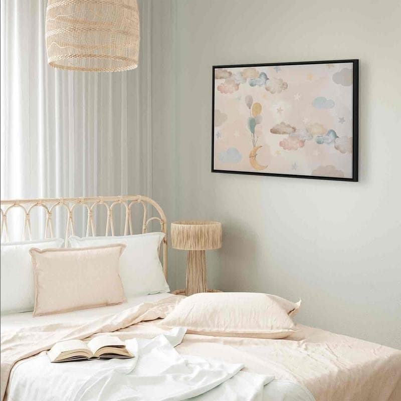 Quadro - Fairy-Tale Moon - Pastel Moon with Balloons Among Colorful Clouds and Stars in Subdued Colors on a Light Backgr - 7
