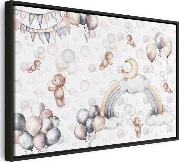 Quadro - Toy Bears with Balloons - Flying Plush Bears Among Balloons Clouds and Rainbows in Subtle Pastel Hues