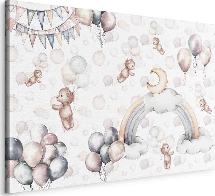 Quadro - Toy Bears with Balloons - Flying Plush Bears Among Balloons Clouds and Rainbows in Subtle Pastel Hues - 2
