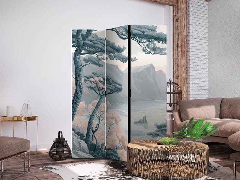 Paravento - Mountainous Coast with Trees and Rocks - in Light Pastel Blues - 3