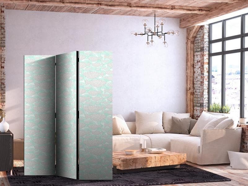 Paravento - Minimalist Fish - Fish of Grey Dots on a Crystal Clear Water Surface in Mint Green Colors - 2