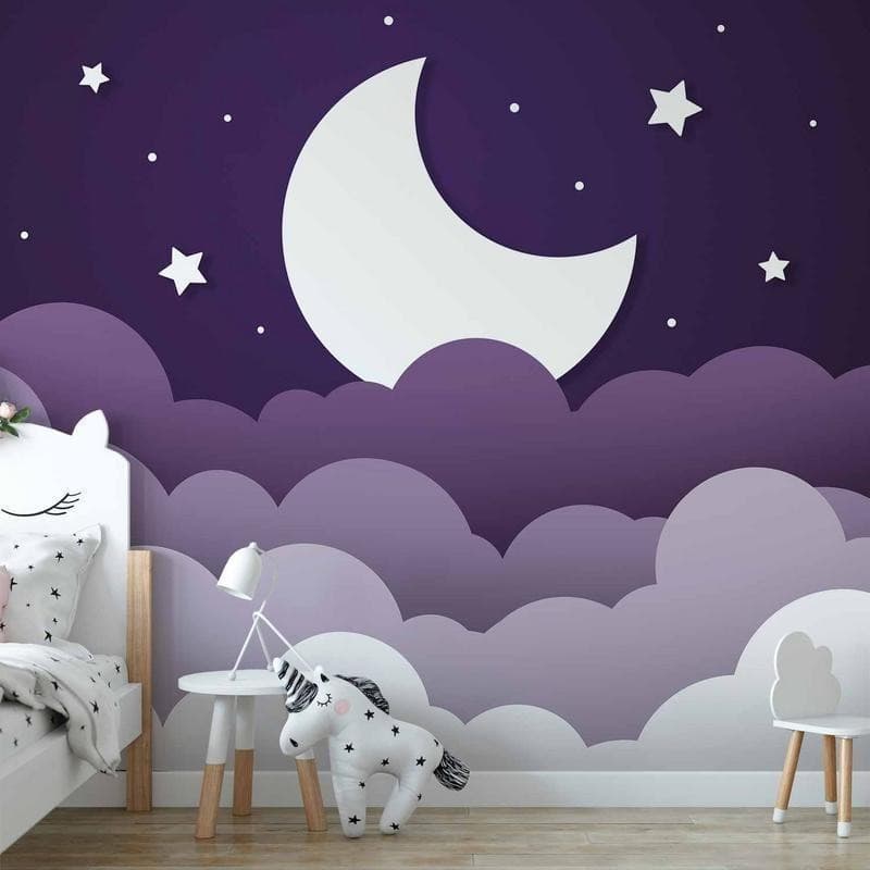 Carta da parati - Moon dream - clouds in a purple sky with stars for children - 14