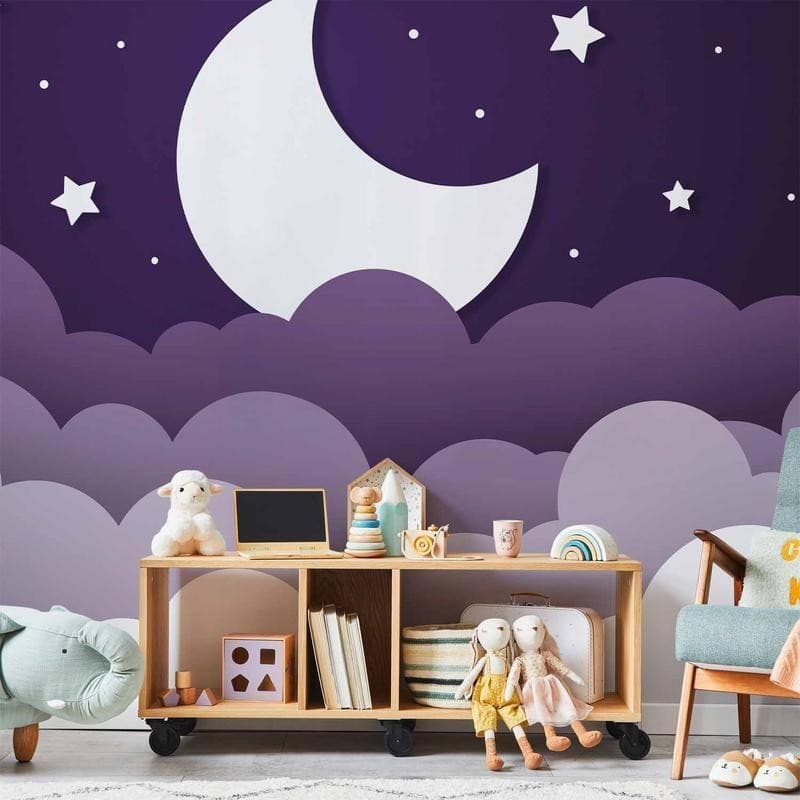 Carta da parati - Moon dream - clouds in a purple sky with stars for children - 13