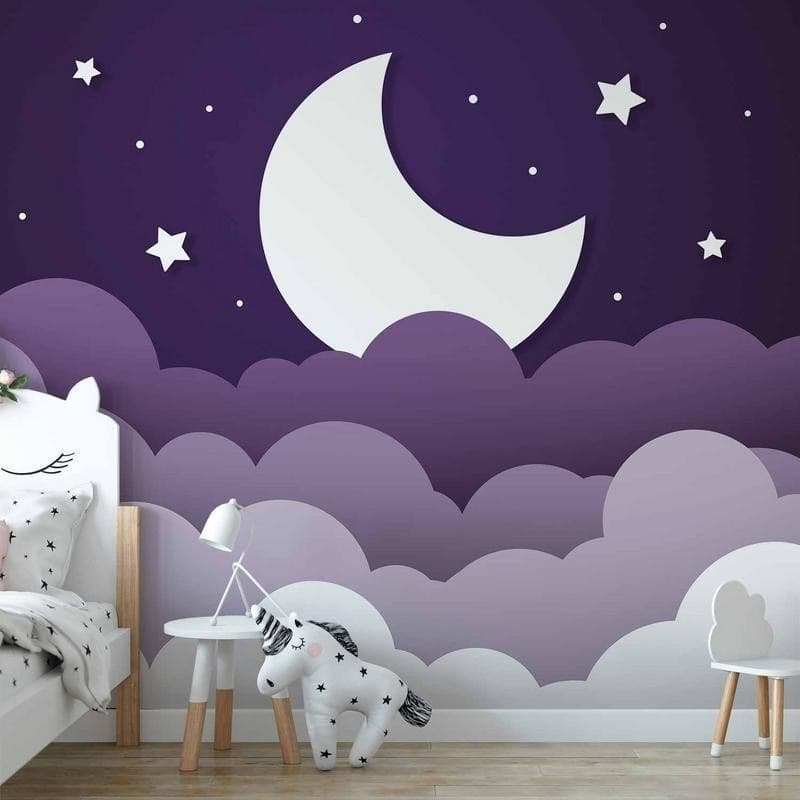 Carta da parati - Moon dream - clouds in a purple sky with stars for children - 2